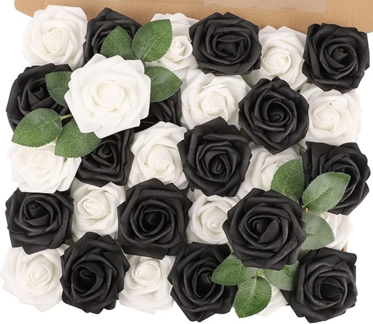 Artificial Roses Flowers 30PCS Black and White, Real Touch Foam Fake Roses with Stems for Wedding Bouquets, Kissing Balls, Corsages, Baby Shower & Home Decorations